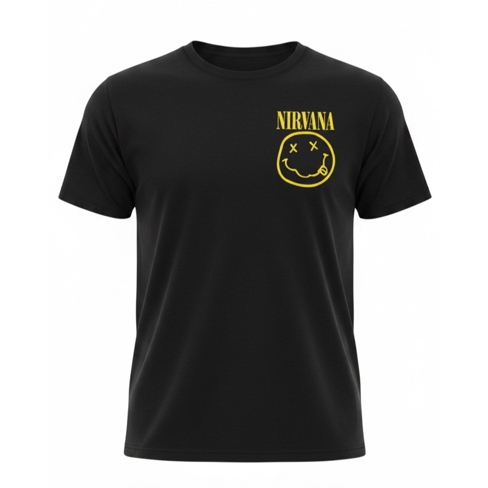 Nirvana Smiley Face Chest Logo T-Shirt Black Graphic Tee Men's XL Band Cotton